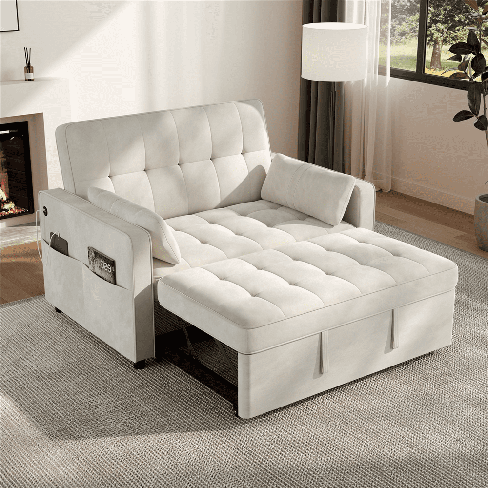Renwick Convertible Sleeper Sofa Bed 3-in-1  Pull Out Couch Velvet Loveseat Couch with Adjustable Backrest, USB Ports, Side Pockets and Pillows for Living Room Bedroom, Beige