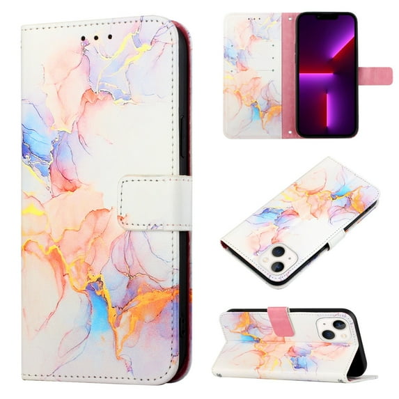 Nalacover for iPhone 14 Plus PU Leather Wallet Case,Stylish Marble Pattern Magnetic Clasp Flip Kickstand Cash Pocket Wireless Charging Detachable Wrist Strap Cover for Girls Women,Galaxy