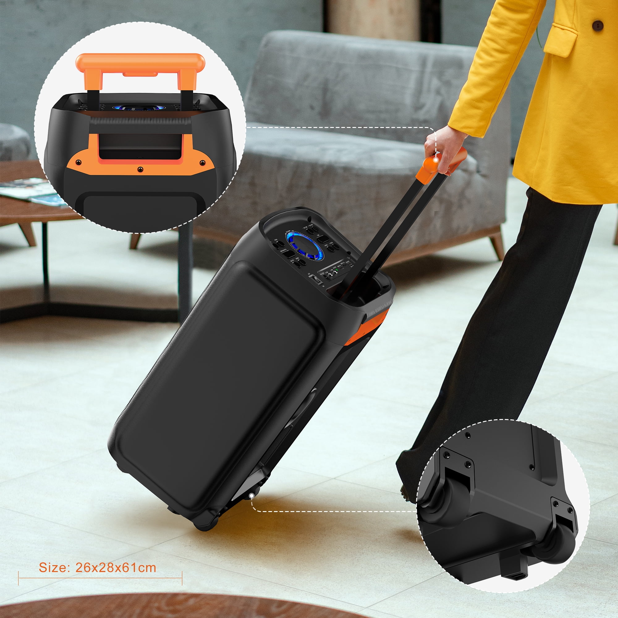 FanFun Large Party Speaker, Bluetooth Speaker with Wheels for Outdoor, Deep Bass System with Led Party Lights, Trolley Bar
