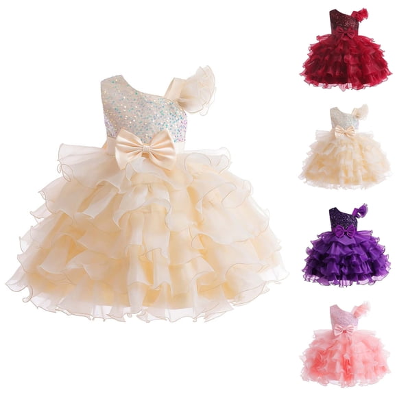 Crunowin Girls Summer Dress Short Sleeve Round Neck Tulle Fabric Sequin & Bow Detail Kids Party & Birthday Dress Red Size 5/6