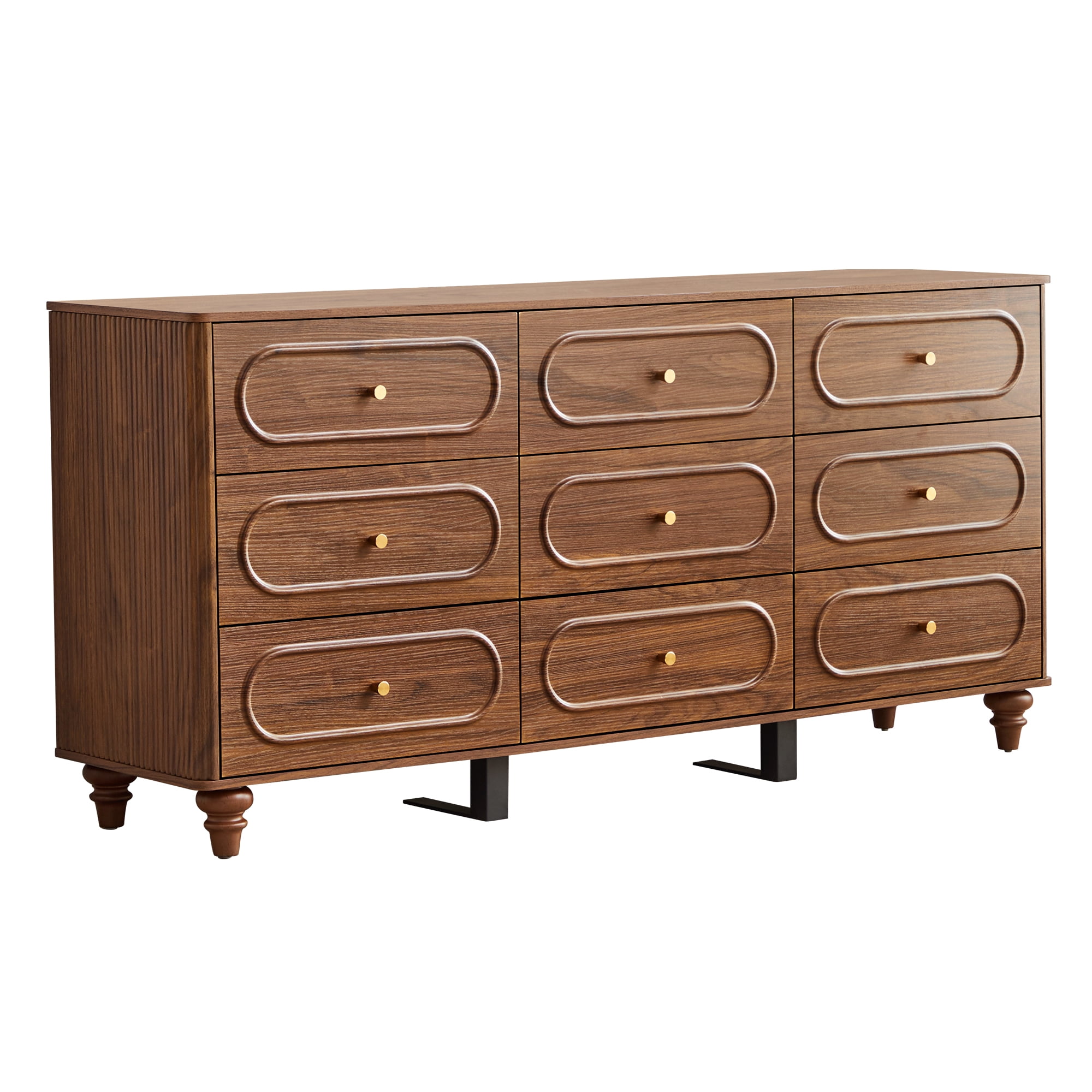 Weselon 9 Drawer Fluted Dresser for Bedroom, Mid Century Chest of Drawers with Arc Edge, Wood Storage Large Dresser Organizer for Bedroom Living Room Hallway Closet, brown