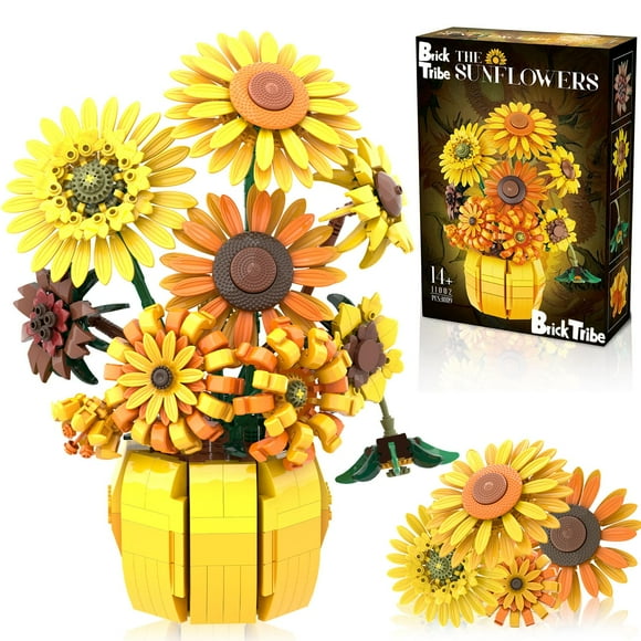 Flowers Sunflower Building Sets for Adult, Van Gogh Sunflowers Bouquet Pot Kits with Vase, Great Christmas, Valentine's Day Gift for Woman Girls Kids 14+, Compatible with Lego Flowers,