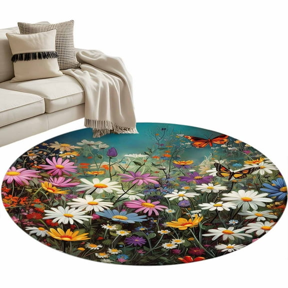 Spring Floral Round Area Rug 4 FT, Non Slip Indoor Outdoor Rug, Colorful Daisy Summer Botanical Butterfly Washable Soft Circular Carpet Non-Shedding Floor Mat for Coffee Table Nursery Foyer Balcony