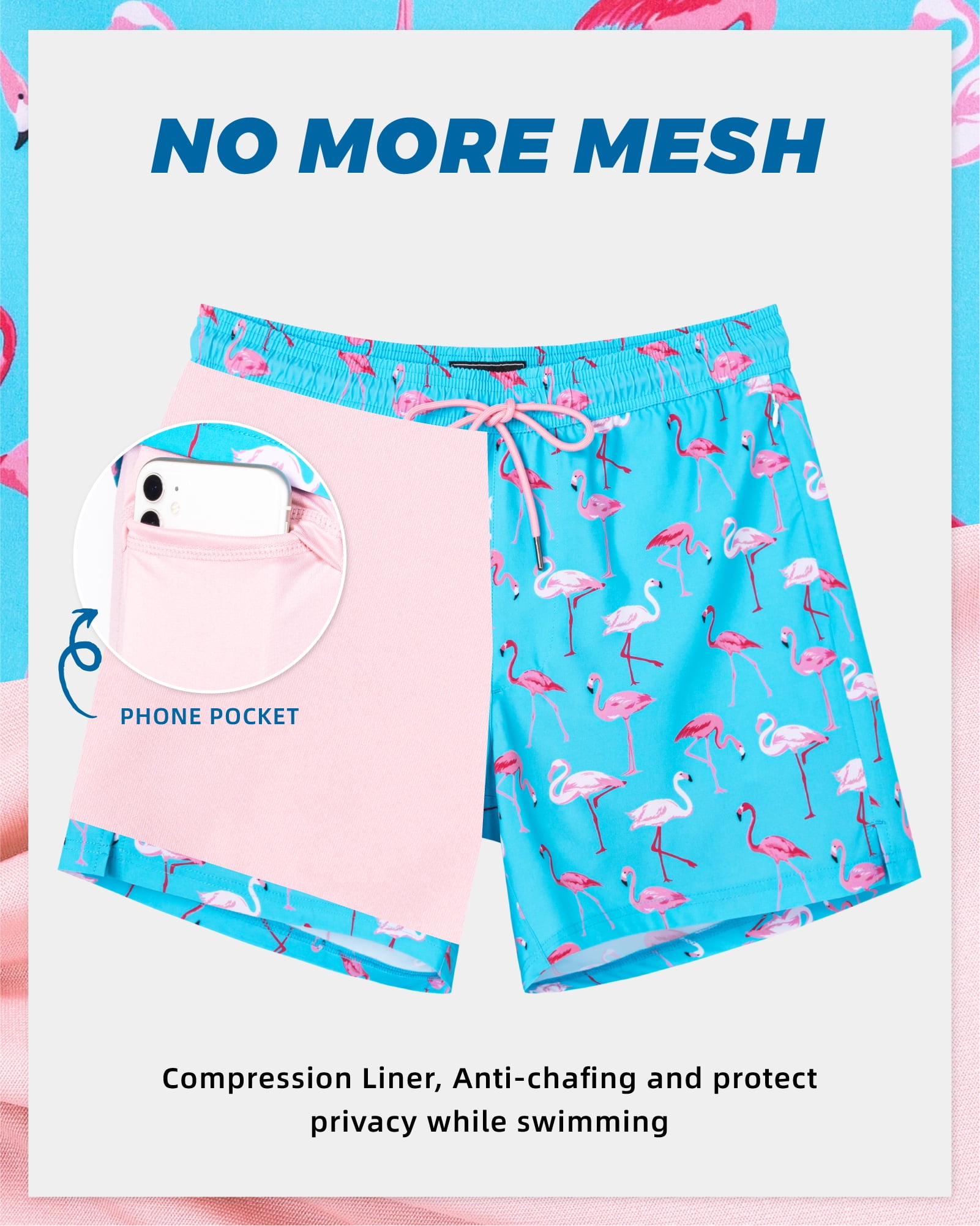 SURF CUZ Mens Swim Trunks with Compression Liner Mens Swimming Trunks 5 Inch Bathing Suit with Zipper Pockets Quick Dry Swim Shorts Blue Flamingo Medium