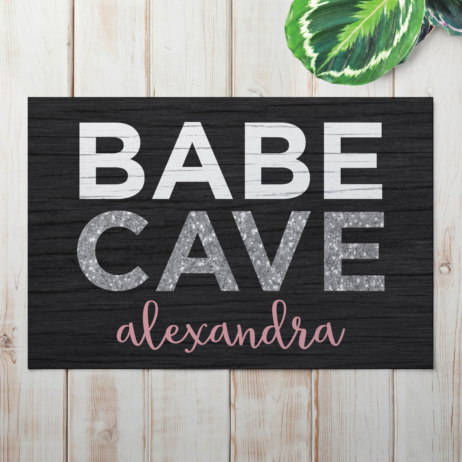 Personalized Planet 27x18 Babe Cave Doormat with Custom Personalization Printed on Black Rectangular 1/8” Thick Non Slip Mat for Kitchen Hallway Deck or Porch