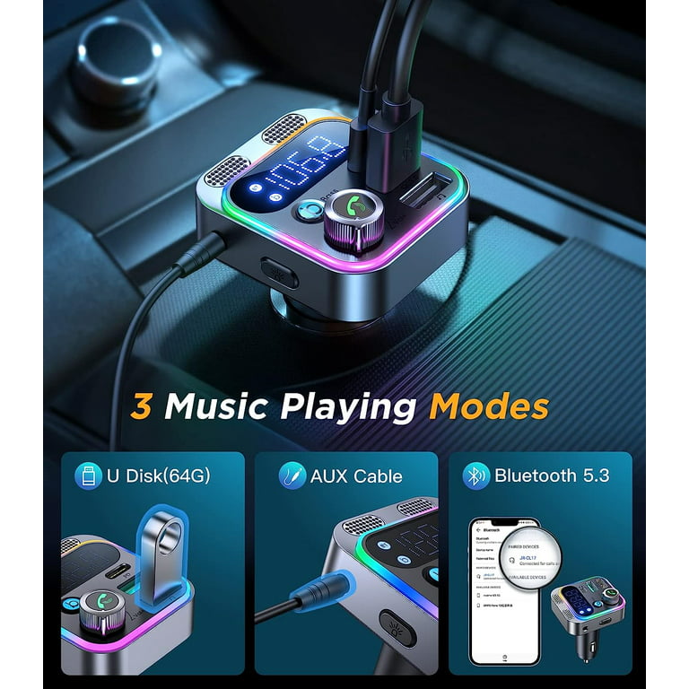 Bluetooth 5.3 FM Transmitter for Car, Stronger Dual Mics & HiFi Deep Bass  Sound, 48W PD&QC3.0 Bluetooth Car Adapter, Hands-Free Calling, Larger LED,  AUX Output & U Disk 