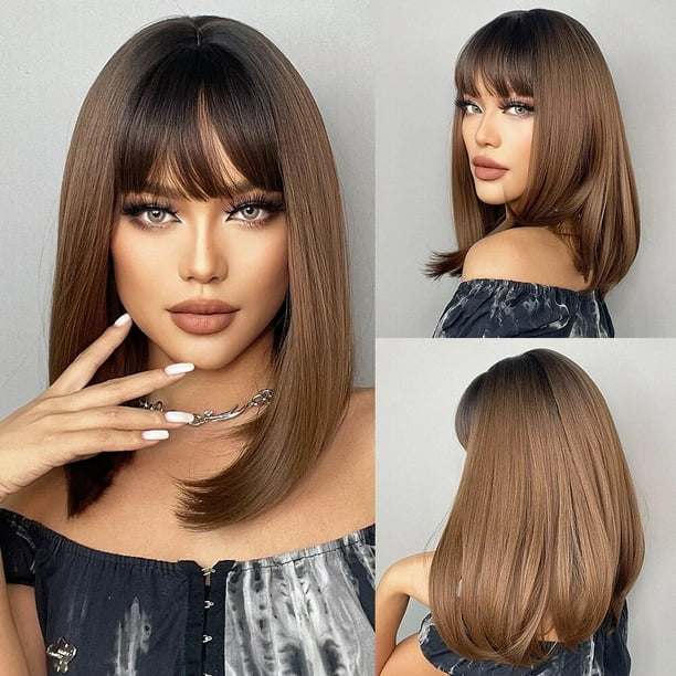Peluca de cabello Natural con flequillo para mujer, medio y largo pelo sintético, liso, marrón y negro, resistente al calor, ideal para fiesta y Cosplay