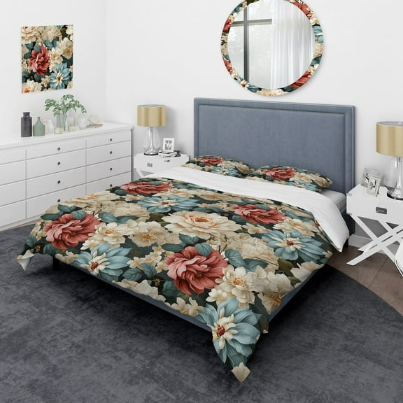Designart "Classic Beige Vintage Flora II" Floral Bedding Covert Set - Cottage Bed Set With 1 Sham