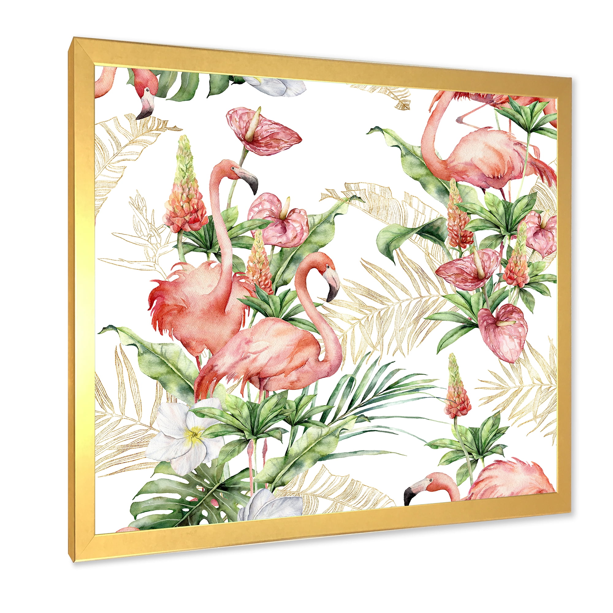 Designart 'Tropical Flowers & Gold Leaves With Pink Flamingos' Traditional Framed Art Print