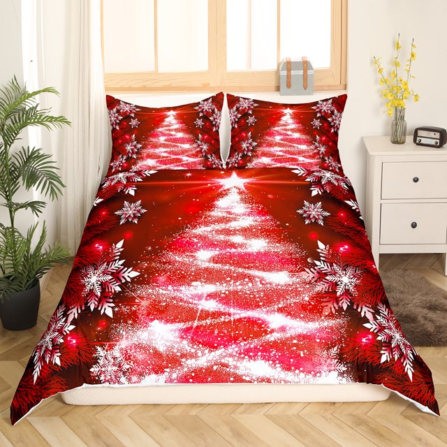 Erosebridal Red Xmas Tree Comforter Cover Twin, Merry Christmas Duvet Cover Twin, Snowflake Bedding Twin Size, Breathable Room Decor, 2 Pieces(No Comforter)
