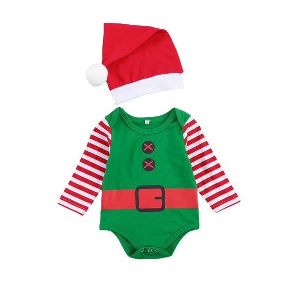 Seyurigaoka 2020 Newborn Christmas Outfits Long Sleeve Round Neck Romper with Pompom Cap