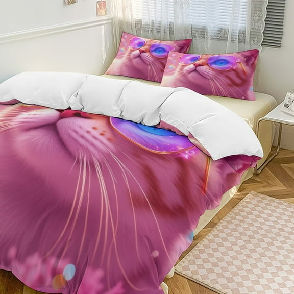Cool Cat in Pink Glasses 3D Duvet Cover Set Quilt Cover Theme of teenager for Bedroom Decoration