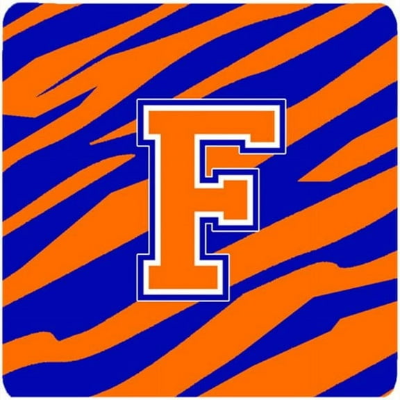 Monogram - Tiger Stripe - Blue Orange Foam Coasters Initial Letter F, Set - 4