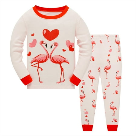 

Toddler Girls Pyjamas Flamingo Long Sleeve Sleepwear Winter 2 Piece Clothes Heart Print Nightwear Kids Cotton Pjs Sets 7T