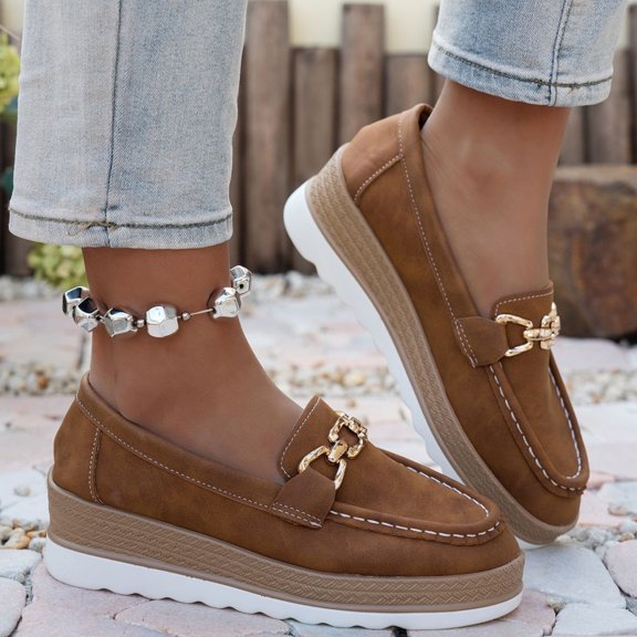 Willtoo Women's Comfortable Thick-Soled Slip-On Wedge Shoes, Jeans Flats with Soft & Flexible Soles, Sneakers for Women Loafers Comfy Buckle Decor