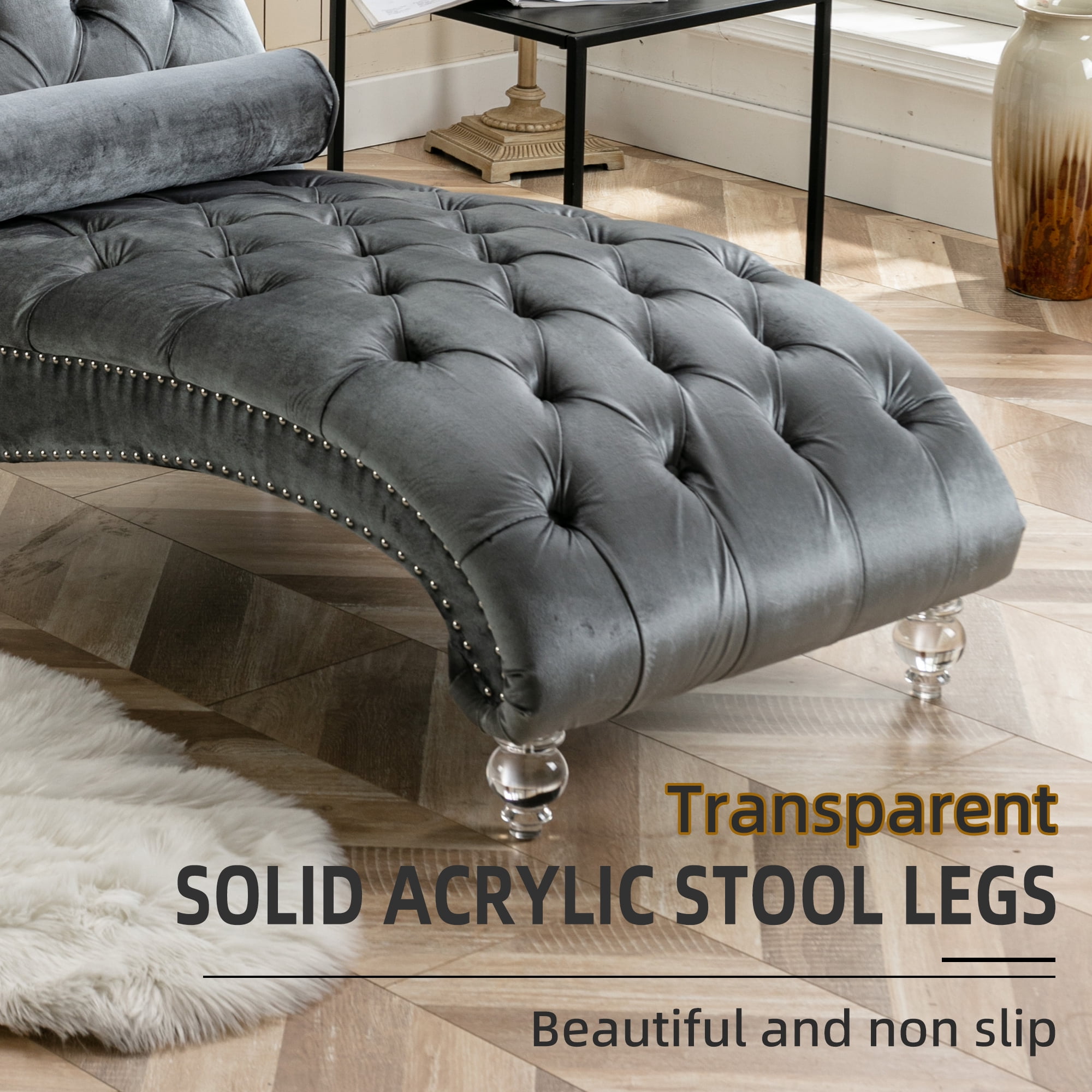 MOONMISS Velvet Chaise Lounge Chair Button Tufted Upholstered with Pillow Indoor