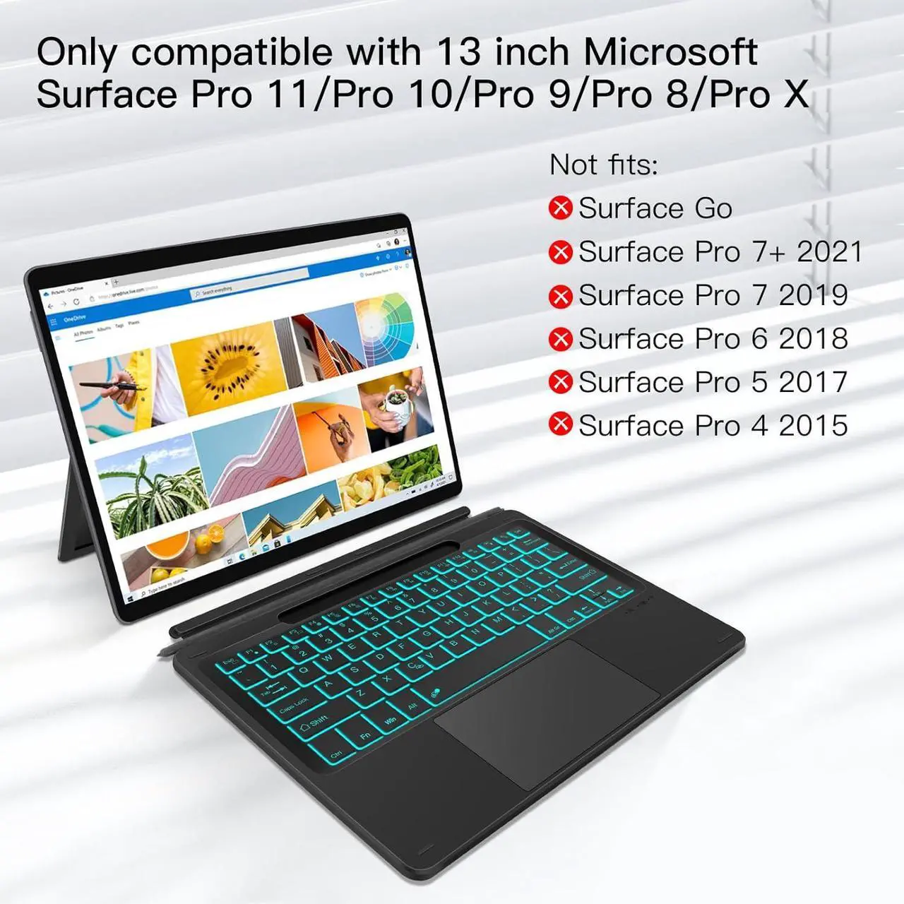 Type Cover for 13 inch Microsoft Surface Pro 11 / Pro 10 / Pro 9 / Pro 8 / Pro X Wireless Thin Bluetooth Keyboard with Trackpad, 7 Colors Backlit Pencil Holder