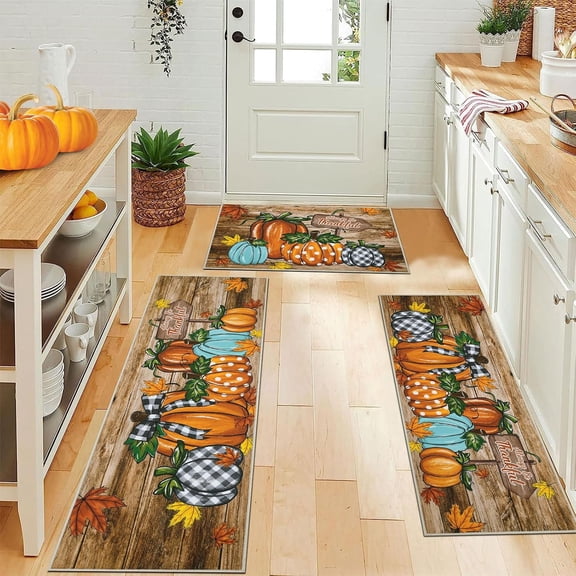 Fall Pumpkin Kitchen Rugs with Runner Sets 3 Piece Farmhouse Seasonal Harvest Holiday Party Rugs and Mats Non Skid Washable Kitchen Floor Mats for Home Hallway Laundry(Dark Pumpkin)