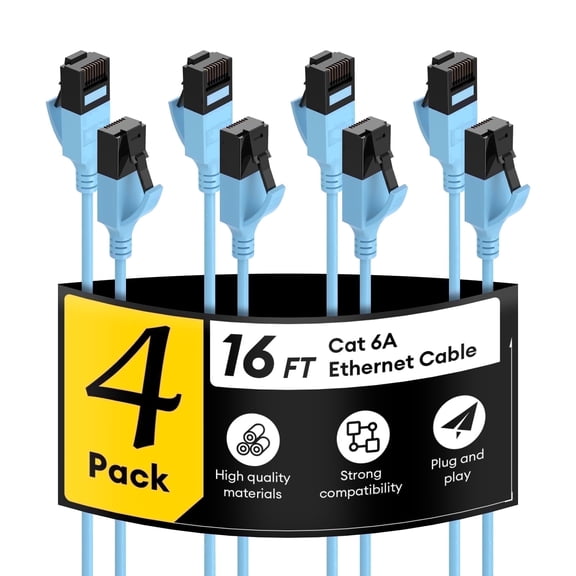 Dutevolns Cat6A Ethernet Cable 16 ft, 4-Pack Slim 32AWG Pure Copper RJ45 Cord, 10G 500MHz for PC, Router, Modem