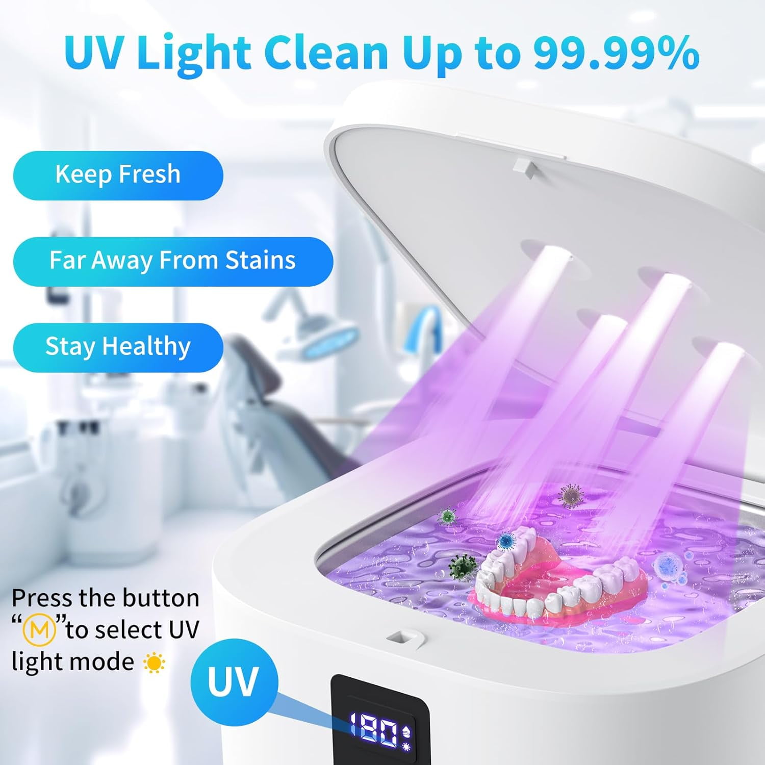 Prociv Ultrasonic Retainer Cleaner Machine 48kHz for Dentures, Mouth Guards, Braces, Toothbrush Heads, Jewelry, Ring with 300ML Capacity, 4 Modes Retainer Cleaning (White)