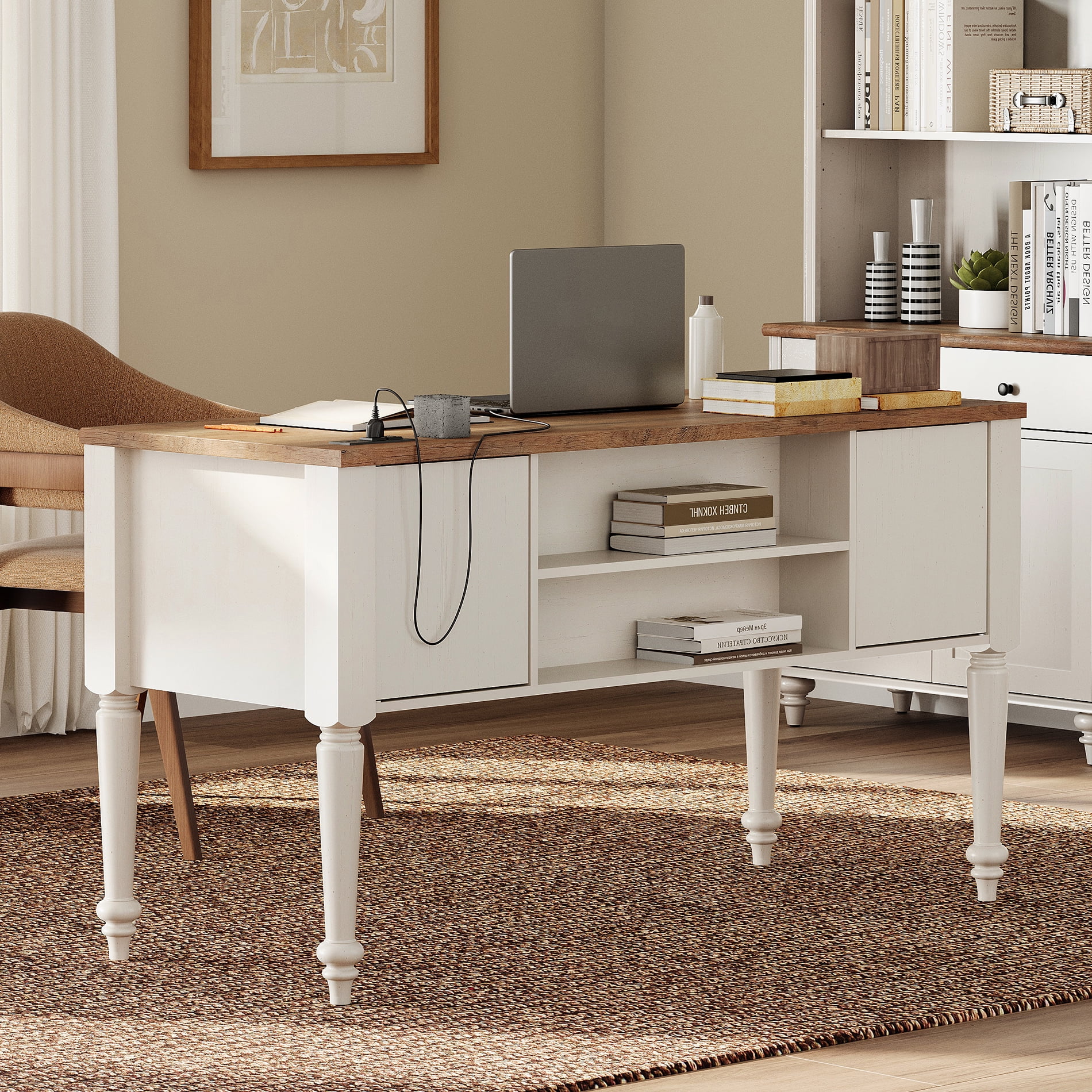White Executive Desk with 5 Drawers, Makeup Vanity Desk, Home Office Desk with Charging Station, Vintage Computer Desk with File Cabinet Storage, Open shelf for Working, Writing, Studying, 56"