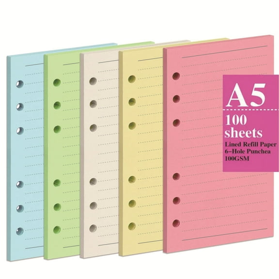 GUIYONG 100 Sheets A5 Lined Refill Paper 5 Colors 6 Hole Punched Loose Leaf Paper For Refillable Notebook Binder For Journal And Planner Inserts