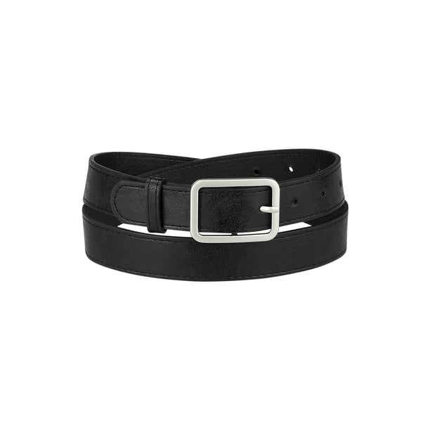 Cinturones delgados para damas de PU casuales, cinturón brillante para la cintura para vestidos y jeans, hebilla de pin simple, negro