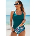 thumbnail image 3 of Women's Sea Green Drawstring Tummy Control 2-Piece Tankini Swimsuit with Floral Shorts | [ZhiHiMeRi] | (US 18-20)2XL, 3 of 12