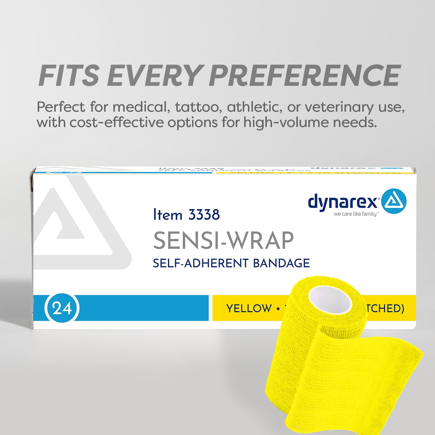 Dynarex Sensi-Wrap Self-Adhesive Bandages, 24-Pack, 3" x 5 yards, Yellow, Latex-Free, Colored Elastic Cohesive Athletic Tape, Tattoo Grip & Vet Wrap