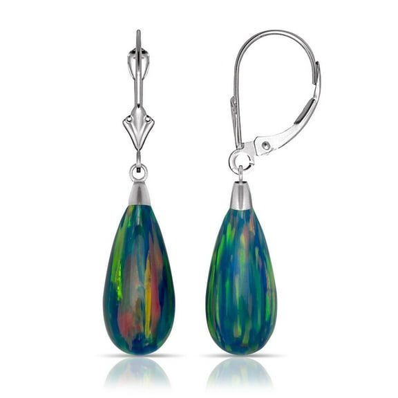 14k White Gold Tear-drop Simulated Fire Opal Dangle Leverback Earrings (8mmx40mm) (forest-green) Dangle Earring for Wome