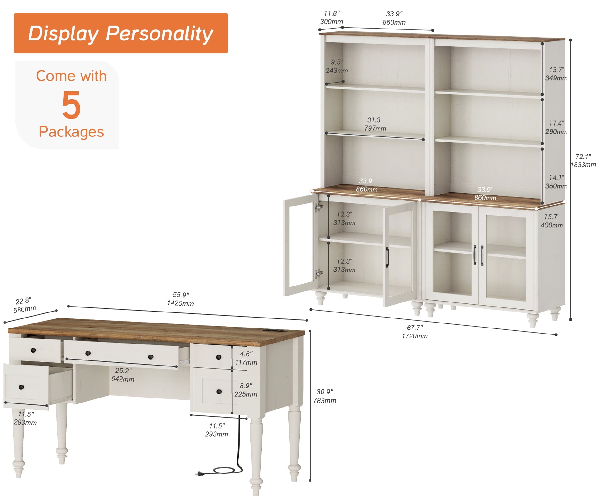 White Home Office Furniture Set, 56" Executive Desk with Charging Station, 72" Tall Bookcase with 4 Glass Doors, Wood Computer Desk with File Cabinet Storage, Open Shelf