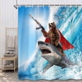 thumbnail image 3 of Funny Bear Shower Curtain, Cute Funcy Amusing Bear Riding Shark on Sea Ocean Shower Curtain Set, Blue Nautical Humorous Animal Waterproof Fabric Bathroom Curtain with Hooks, 3 of 7