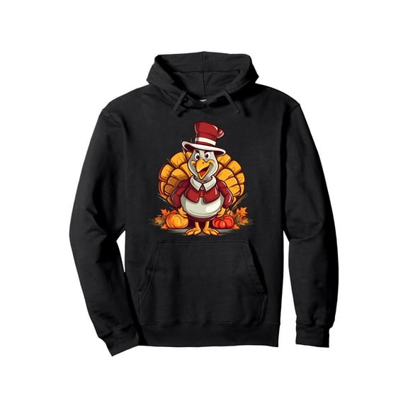 Funny Turkey Thanksgiving Hoodie for Men & Women - Cute Turkey with Top Hat & Thankful Grateful Blessed Print, 50% Cotton 50% Blend, S-XXXL Sizes, Black Unisex Pullover for Fall, Christmas, Turkey Da