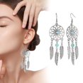 thumbnail image 2 of Faux Bijoux Turquoise 1 Paire Boucles d'Oreilles Crochet Femme Creuses Plume Forme Ronde Perles Style Rétro Bohème Alliage Inoxydable Décoration d'Oreille Bijoux, 2 of 8