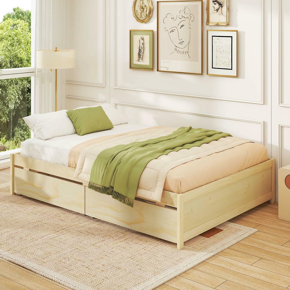 Barara King Full Size Wooden Bedroom Trundle Bed Frame with 2 Rolling Storage Drawers, Bed Platform Frame for Bedroom, Apartment, Natural
