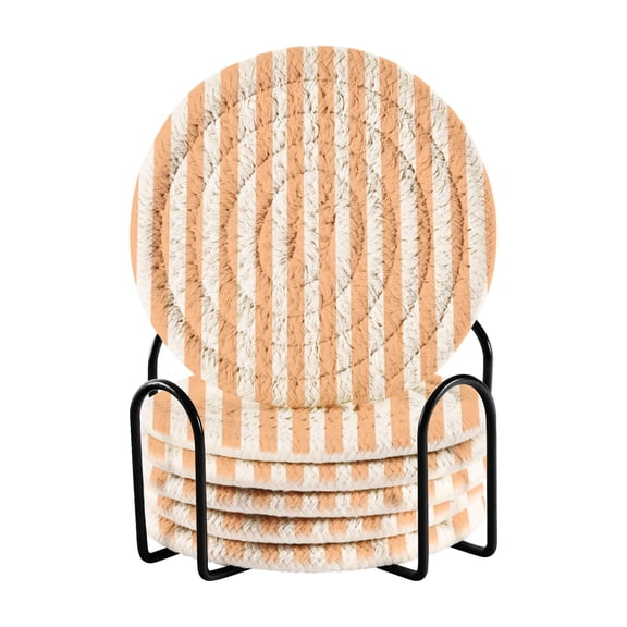 Haosy Set of 6 Drink Woven Coaster with Holder Heat Resistant Non-Slip Bar Coasters 4 Inches Light Orange and White Striped