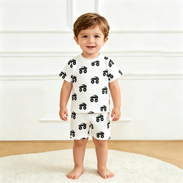 Ensemble Garçon Chemise Imprimée Col Rond Court Tenues de Printemps Garçons 11-12 Ans Vêtements