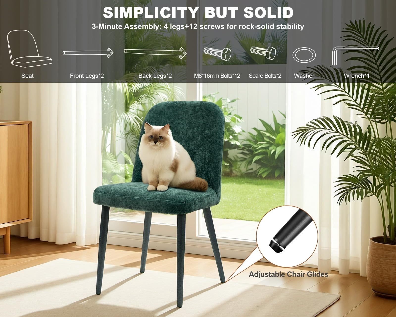 Fabric Dining Chairs Set of 4, Dark Green Upholstered Kitchen Chairs with Ergonomic Backrest and Metal Legs, Modern Armless Side Chairs for Dining Room, Restaurant, Living & Meeting Room