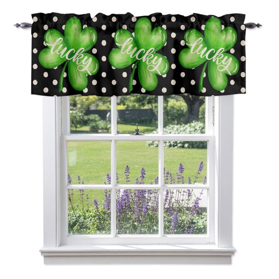St. Patrick's Valance Curtains, Day Lucky Dotted Black Linen Rod Pocket Short Window Curtain for Kitchen Bathroom Bedroom, 42"x18"