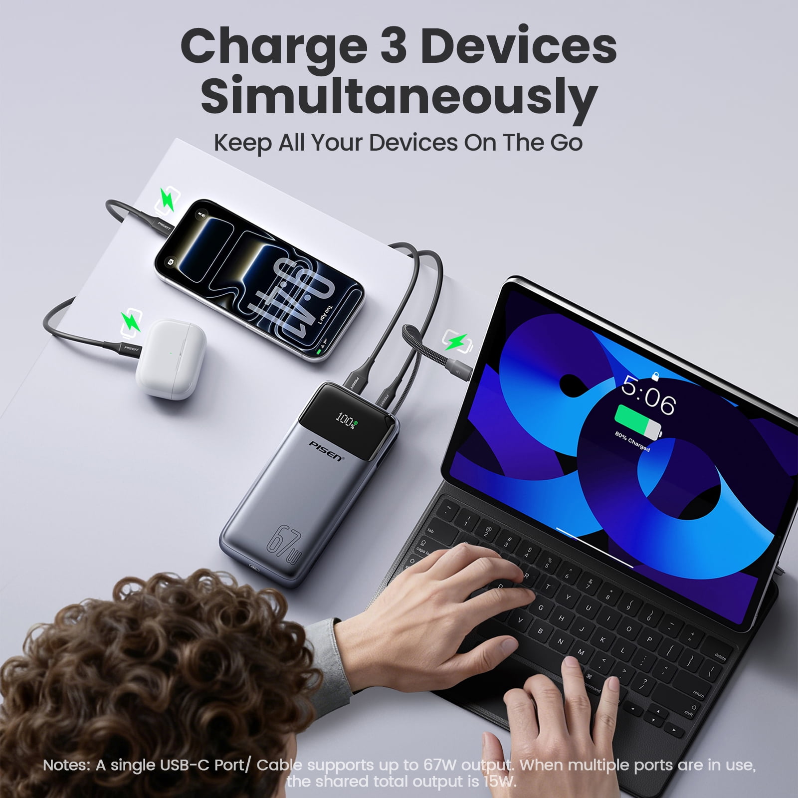 PISEN 3C Certified Power Bank - 20000mAh 67W Power Bank with Built in Cable,Travel Battery Pack Portable 3C Charger with LED Display, Portable Charger with Built in Cable for iPhone, Samsung and More