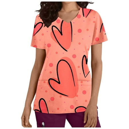 

JWZUY Scrub Tops Women Scrubs Nurse Working Uniforms Heart Print V Neck Short Sleeve Shirts with Pockets Summer Nursing Blouses Pullover T-Shirts Tshirts Tee Shirt (Orange M)