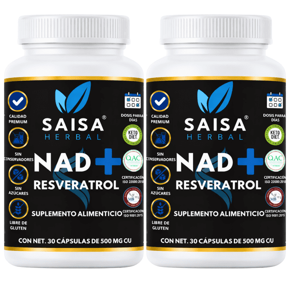 NAD+ (Nicotinamida Adenina Dinucleótido) + Resveratrol 60 Cápsulas | Suplemento Alimenticio | Uso Diario | Saisa Herbal