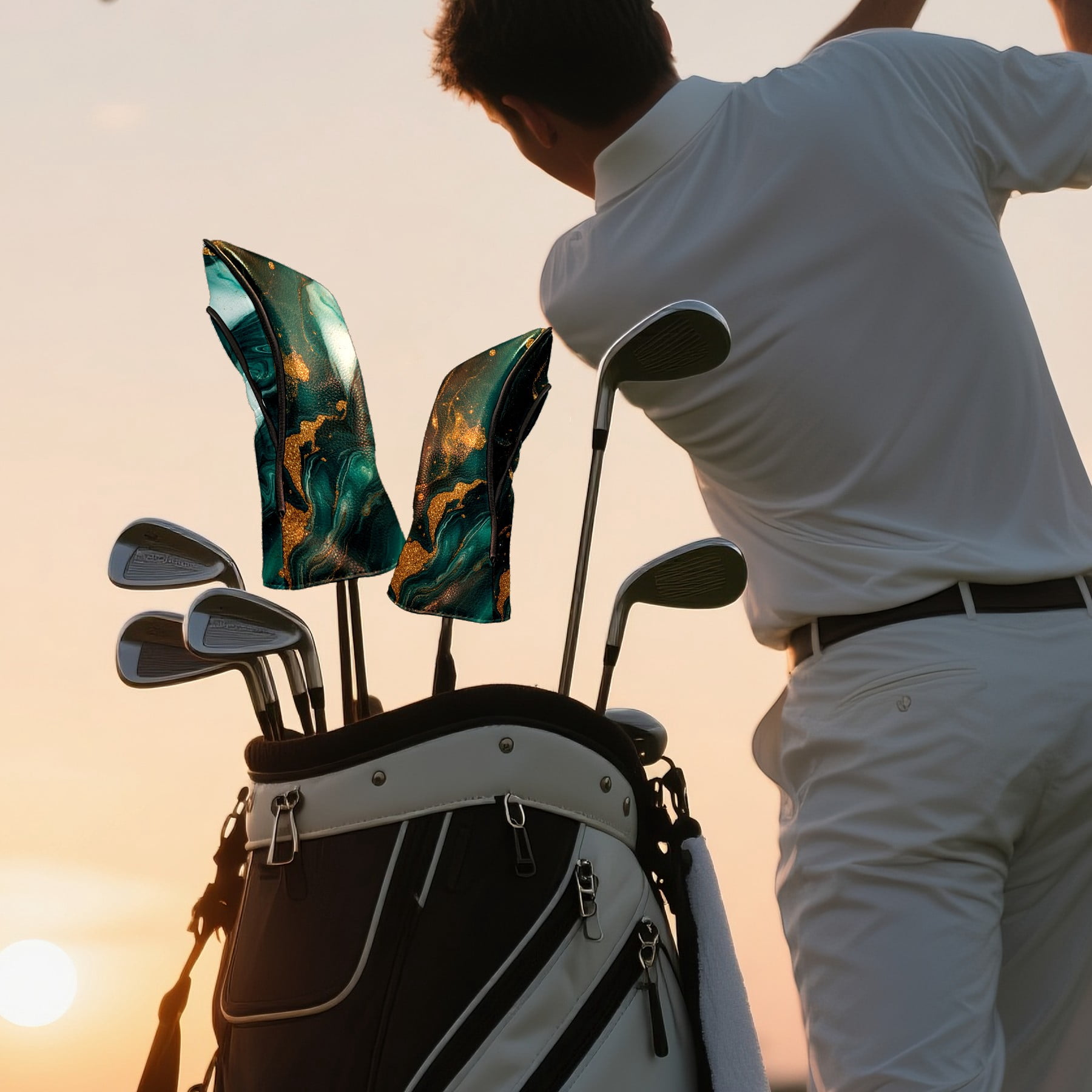 Golf Club Covers PU Leather Waterproof Head Covers for Fairway Woods Hybrids Golden Marble Pattern Unisex Fits Most Brands