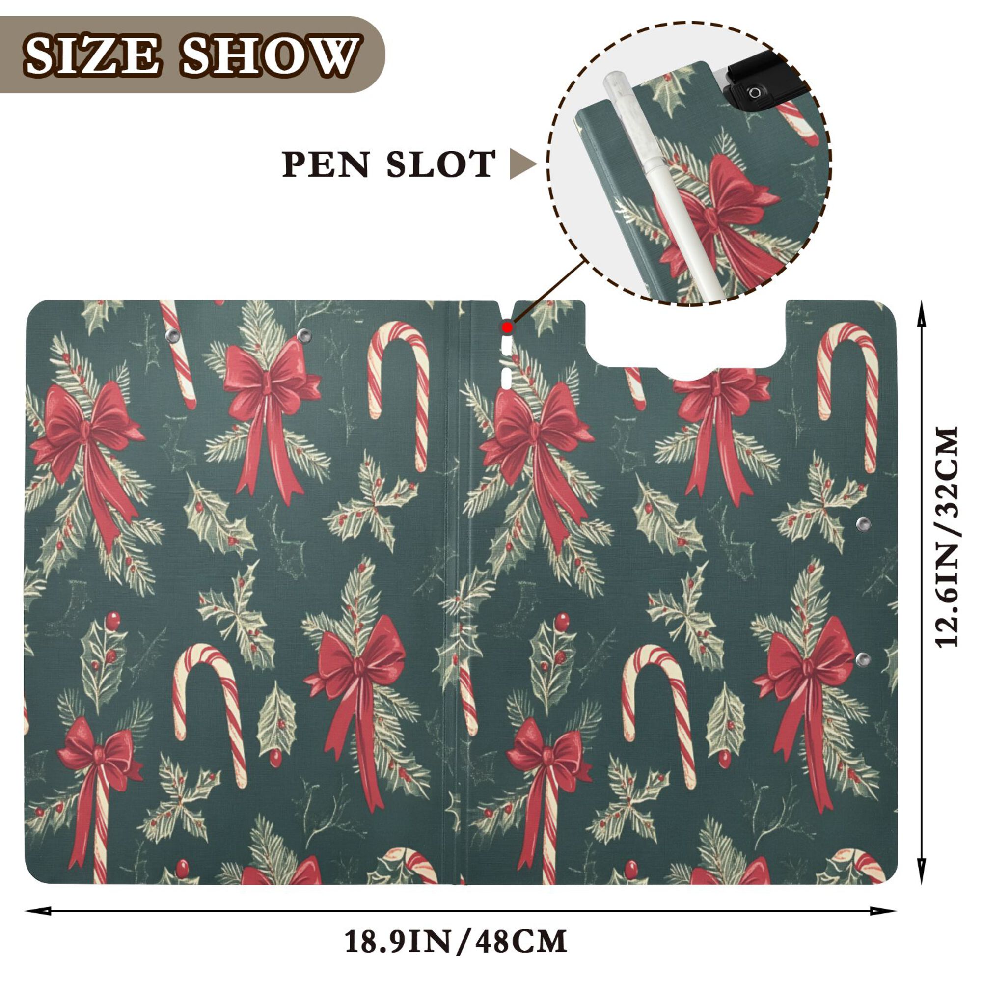 FORMRS A4 Clipboard Folder with Pen Holder Horizontal Foldable School Office Binder, Green Christmas Candy Canes