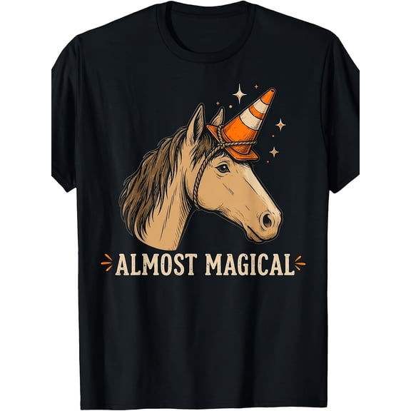 Funny Almost Magical Horse Graphic T-Shirt, Horse Wearing Traffic Cone 100% Cotton Crew Neck Short Sleeve Tee, Cute Equestrian Novelty Shirt, Gift for Horse Lovers