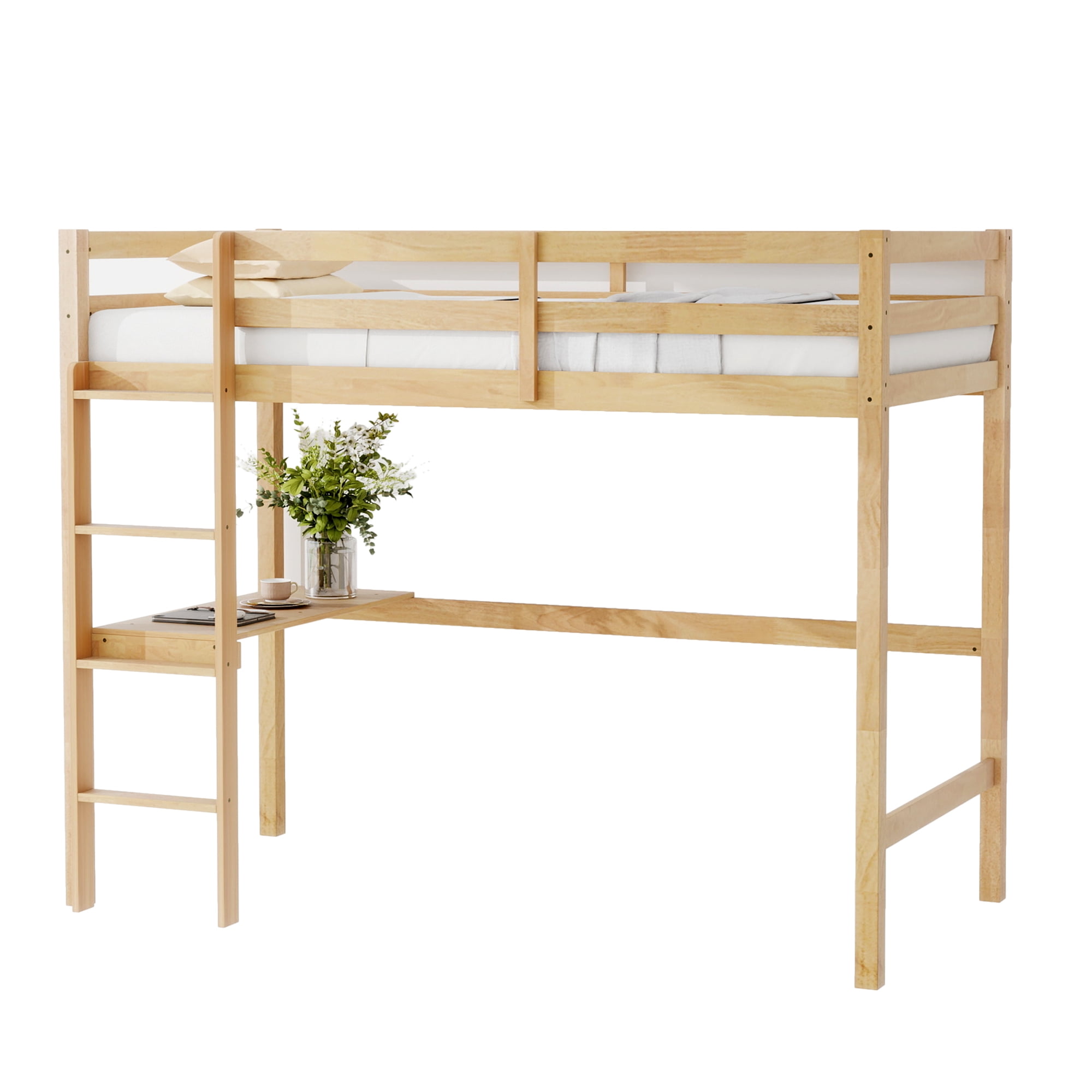 Aukfa Twin Loft Bed with Built-in Desk for Kids Teens Dorm, Rubber Wood, Safety Guard, Oak