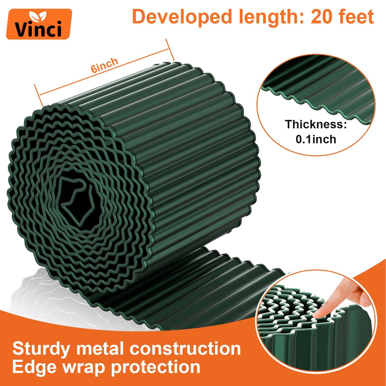 Vinci Garden Landscape Edging Border, 6 Inch x 20 FT Corrugated Sturdy Metal Easy Installation Safe Hemmed Lawn Garden Border Edges for DIY Flower Beds,Pathways and Patio Design (Green)