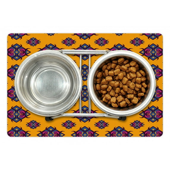 Geometric Pet Mat for Food and Water, Diamond Shaped Ornamental Design in Oriental Style, Non-Slip Rubber Mat for Dogs and Cats, 18" X 12", by Ambesonne