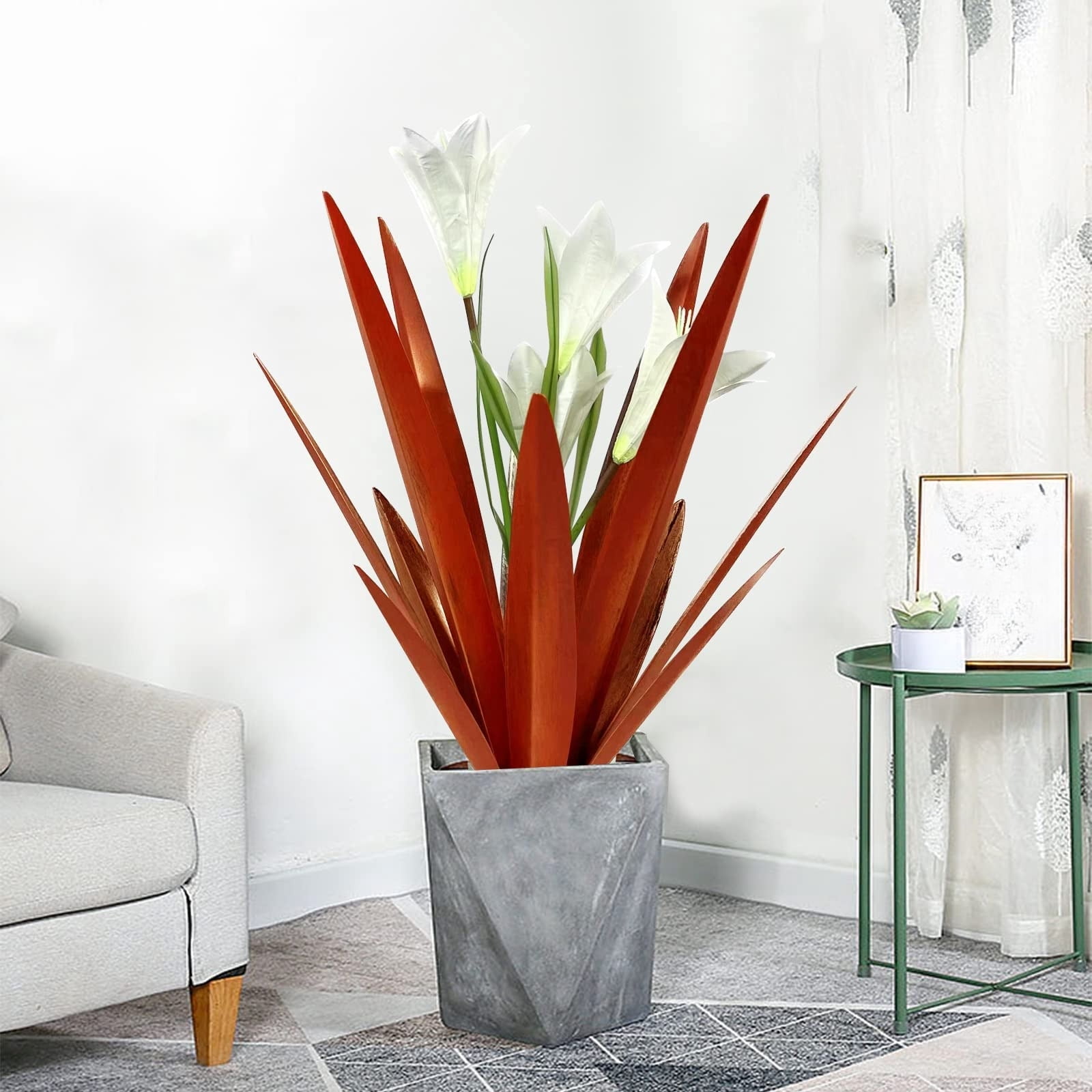 Metal Agave Plant Outdoor Decoration Lily Mexican Yard Art Garden Gift Home Decor Hand Painted Metal Agave Garden Yard Statue, Outdoor Lawn Ornaments (2 Big Red Lilies)