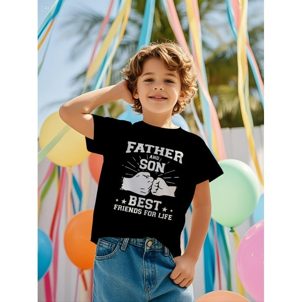 Boys' Classic Crew Neck T-Shirt, Father and Son Best Friends Letter Print, Soft Quick-Knit Fabric, Cotton 95% Spandex 5%, Casual Summer Wear, Regular Fit for Mature Occasions